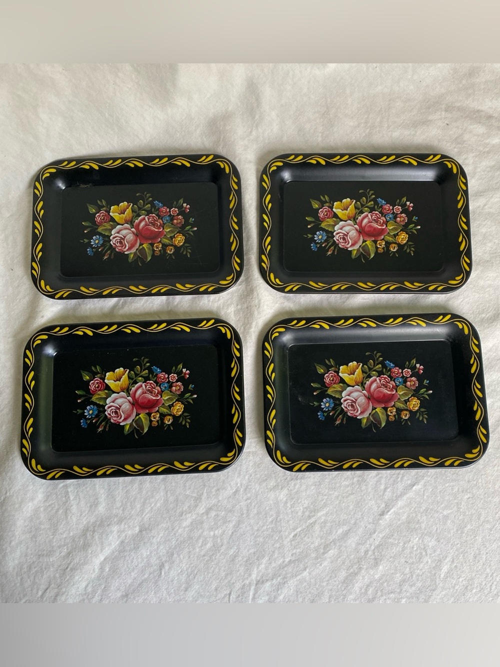 Vintage 4 Mini Black Metal Hand Painted Roses Flowers Tole Ware Trays ~ Lot of 4